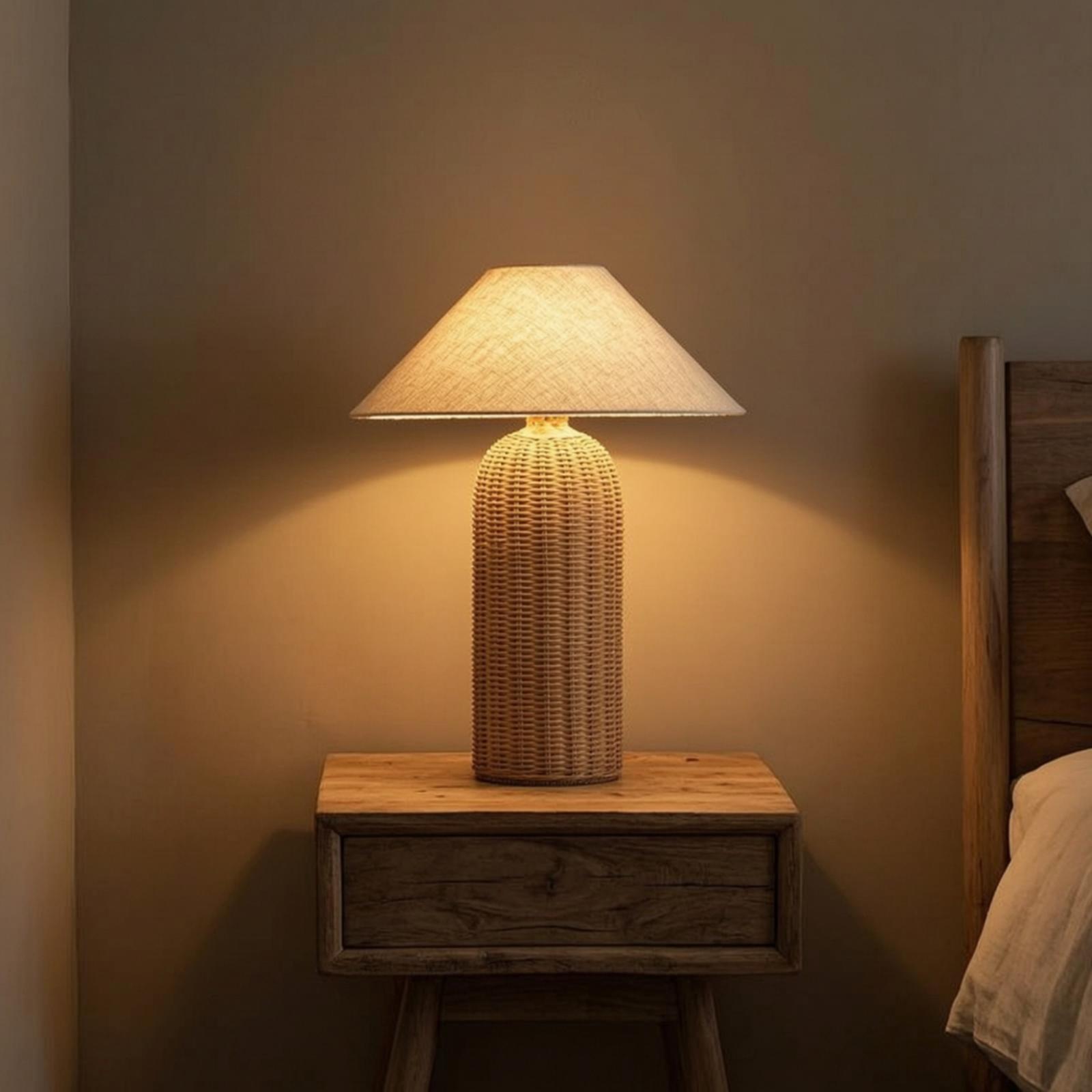 Lighting Decoration In Bedroom - Bedside Lamp Rattan Base Fabric Shade