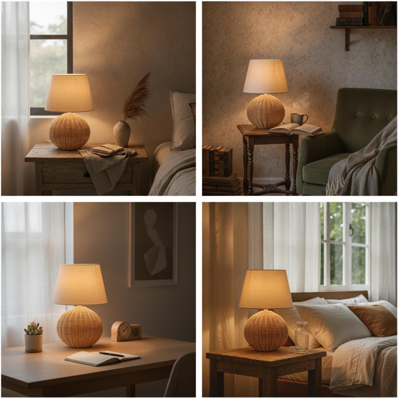 Bedside Lamp Rattan Base Fabri - Lighting Decoration In Bedroom 评论和价格