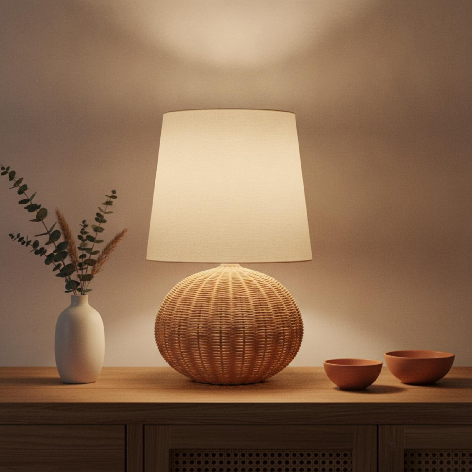 Bedside Lamp Rattan Base Fabri - Lighting Decoration In Bedroom 评论和价格